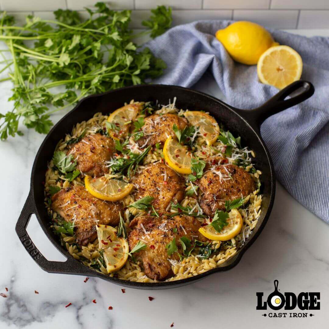 One-Pan Chicken Thighs with Lemon and Spinach Orzo