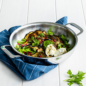 ROASTED EGGPLANT WITH FRESH MOZZARELLA & POMEGRANATE