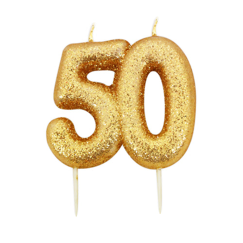 Age 50 Glitter Pick Candle Gold