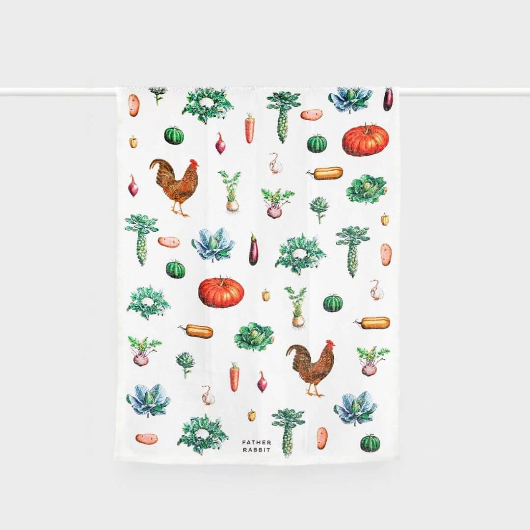 Father Rabbit Linen Tea Towel Vintage Vegetables