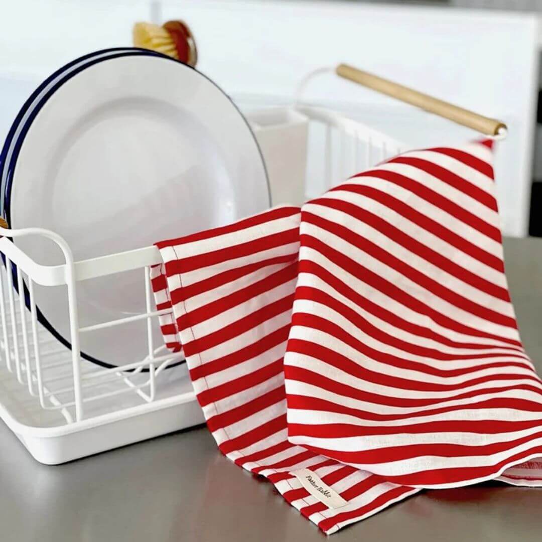Father Rabbit French Nautical Stripe Linen Tea Towel Red