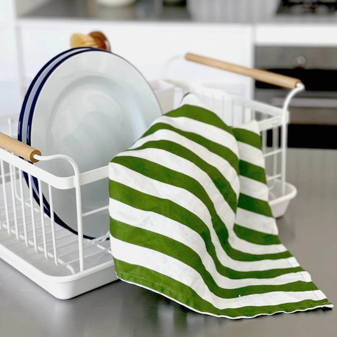 Father Rabbit Linen Tea Towel Olive Stripe