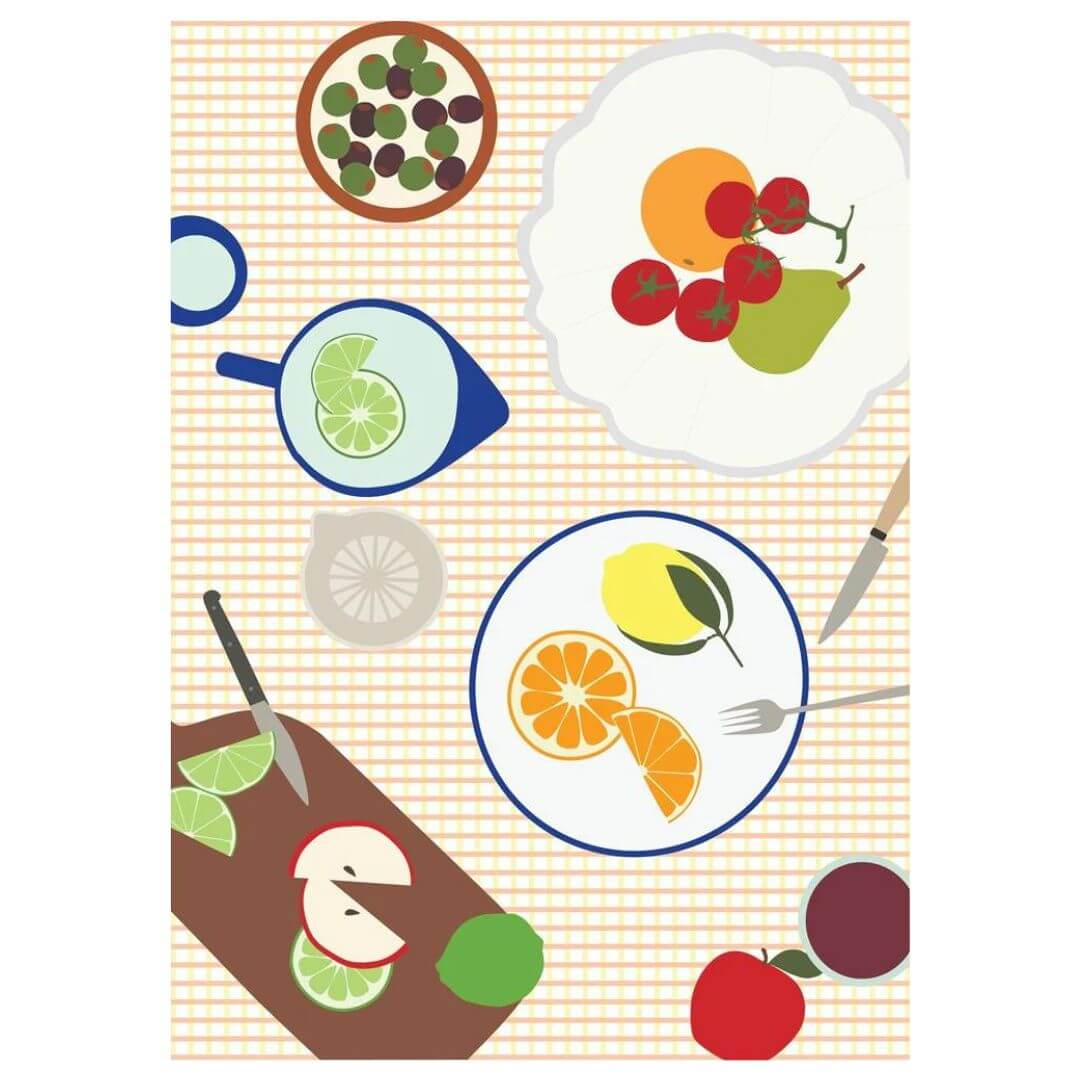 Father Rabbit Linen Tea Towel Fruits on Plate