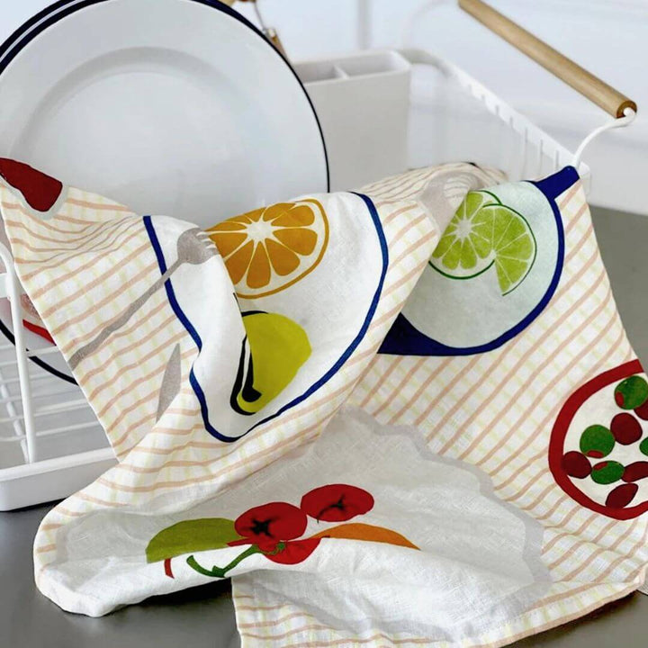 Father Rabbit Linen Tea Towel Fruits on Plate