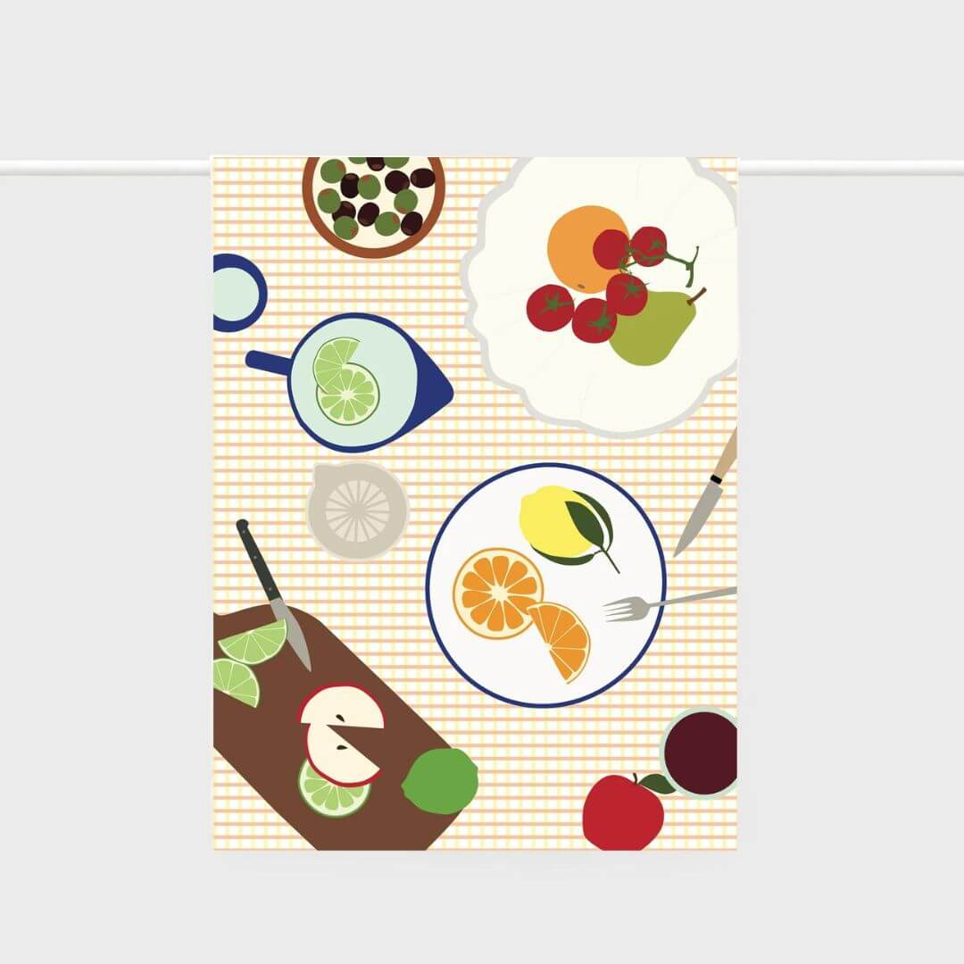 Father Rabbit Linen Tea Towel Fruits on Plate