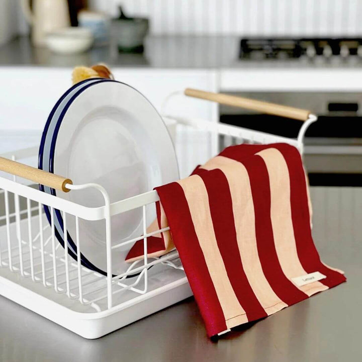 Lettuce Linen Tea Towel Bold Stripe Peach + Burgnundy