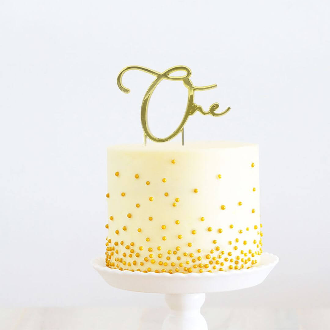 'One' Cake Topper Gold Metal Italics