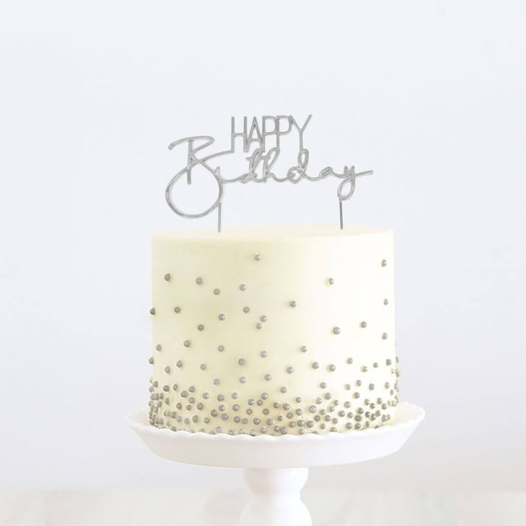 'Happy Birthday' Cake Topper Silver Capitals & Italics