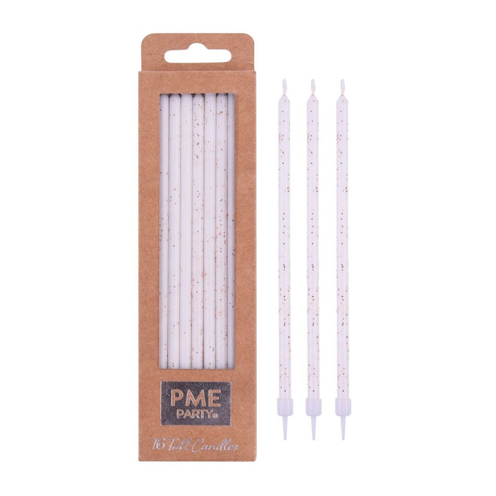 PME Extra Tall Candles White with Gold Glitter 16pk