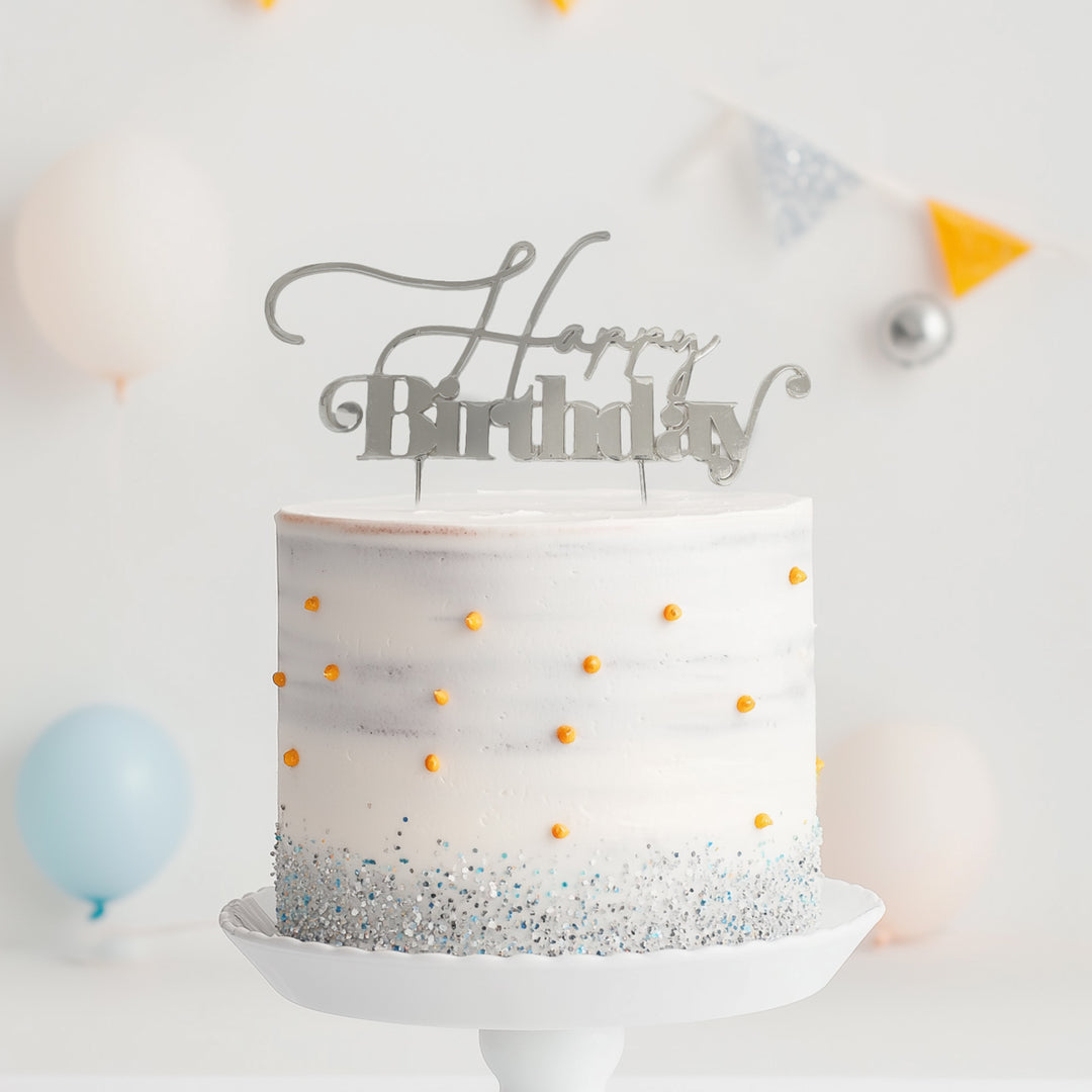 Silver Metal Happy Birthday Cake Topper