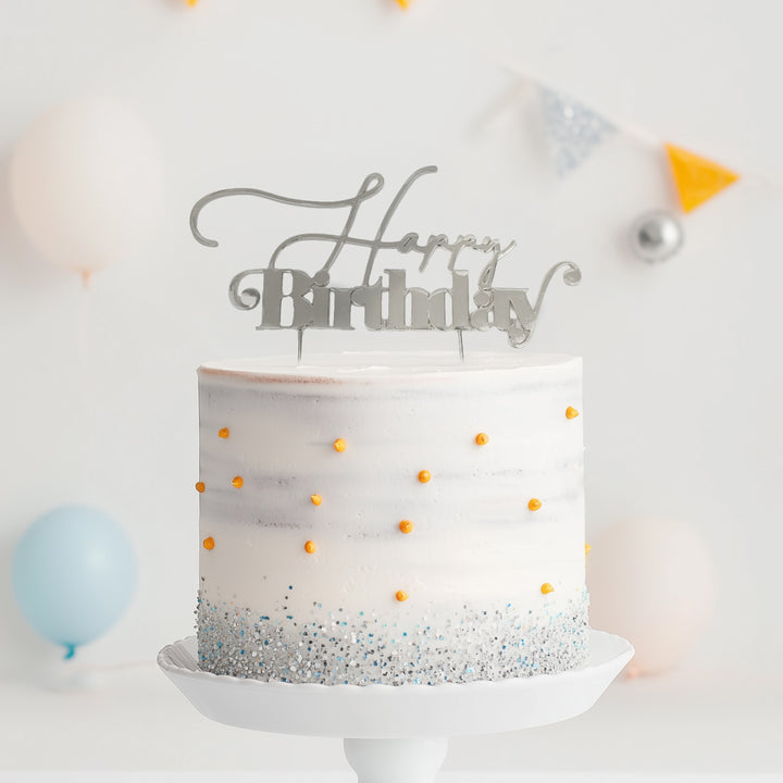 Silver Metal Happy Birthday Cake Topper