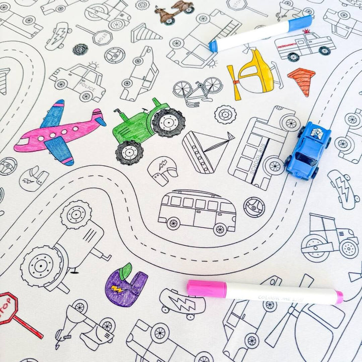 Colour Me Kids Wheels in Motion Tablecloth Kit