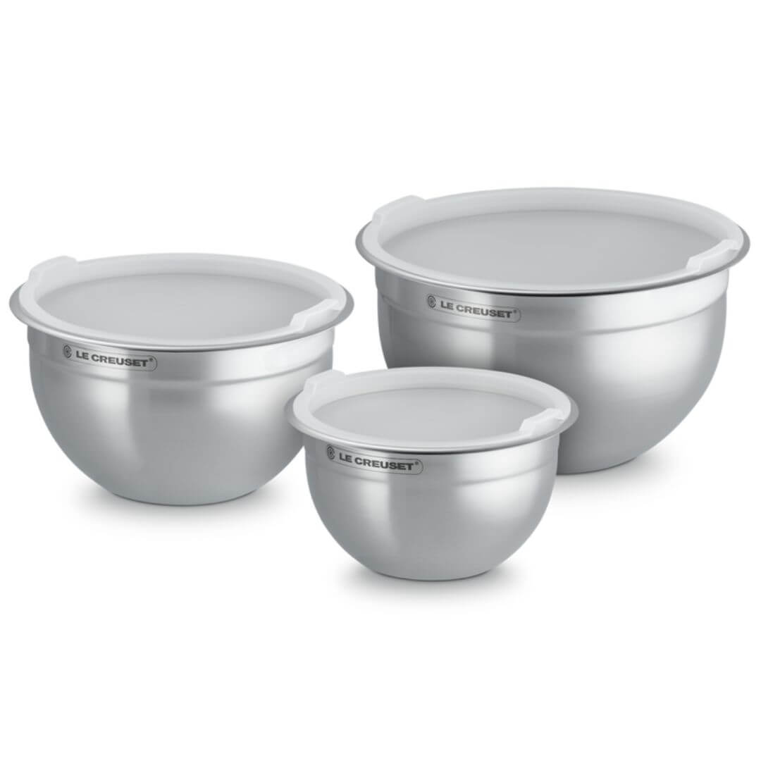 Le Creuset Stainless Steel Mixing Bowls with lids Set of 3