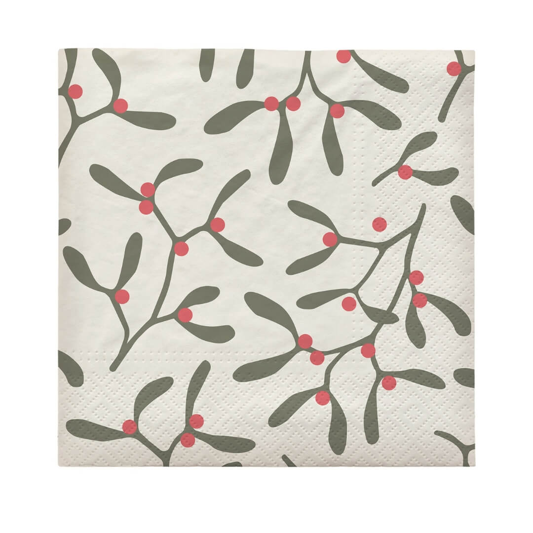 Broste Mistletoe Grape Leaf & Red Paper Napkins