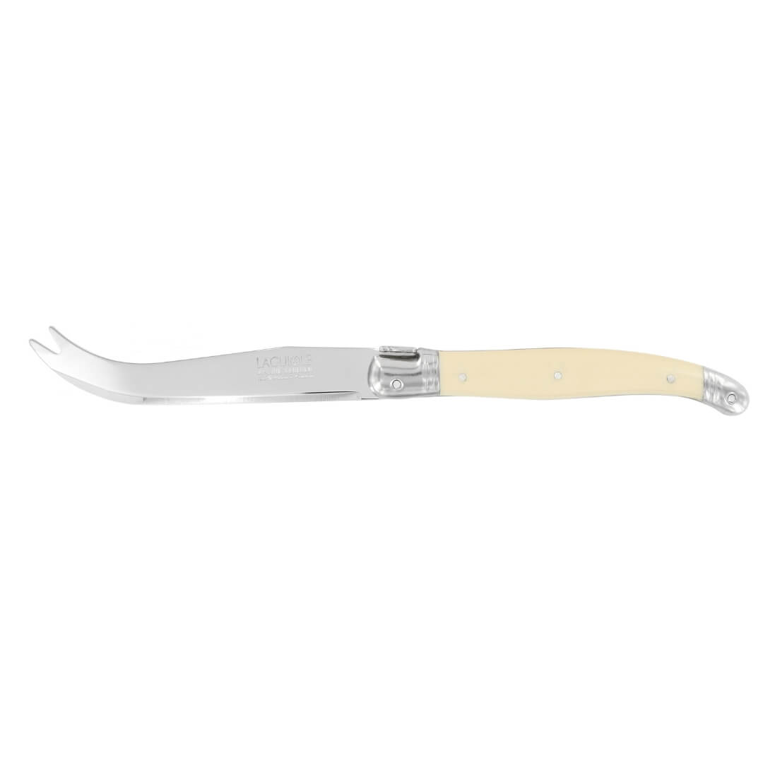 A curved cheese knife with a silver stainless steel blade and a cream-colored handle, shown against a plain white background.