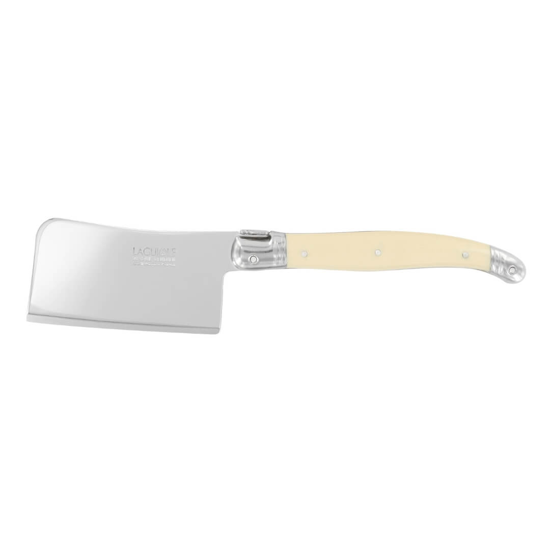 A kitchen cleaver knife with a silver stainless steel blade and a cream-colored handle, shown against a plain white background.