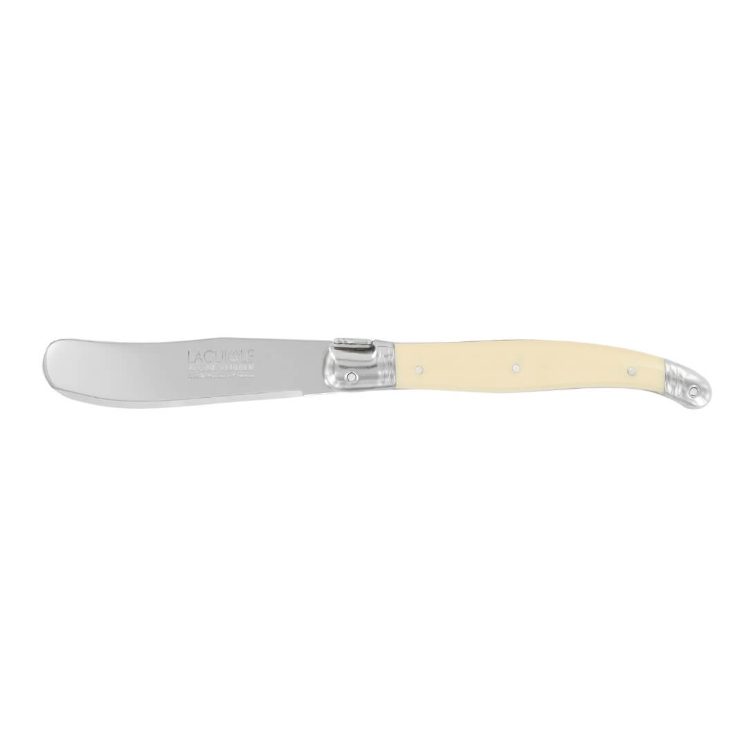 A vintage-style butter knife with a silver-toned metal blade and a cream-colored handle, shown horizontally against a plain white background.