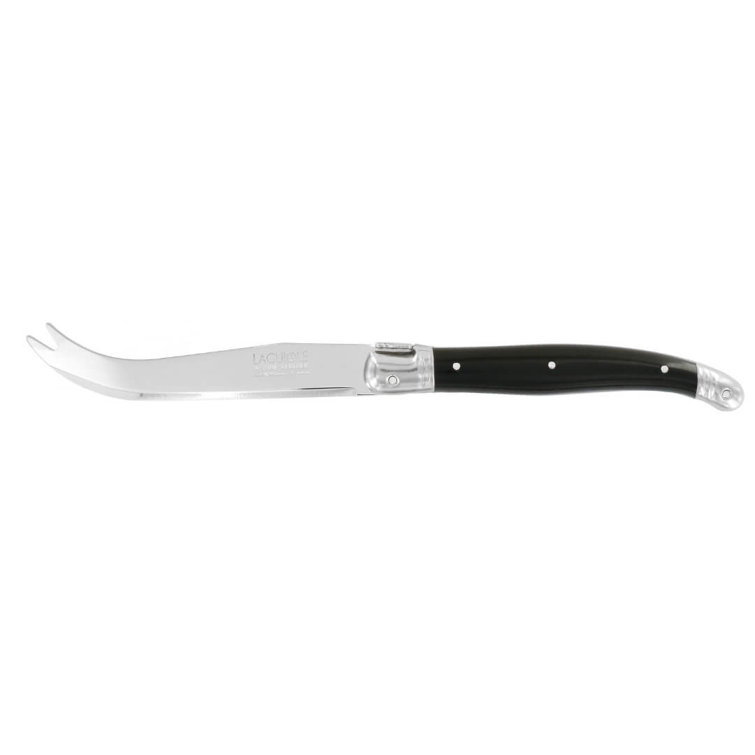 Cheese knife with a black resin handle with stainless steel rivets, on a white background