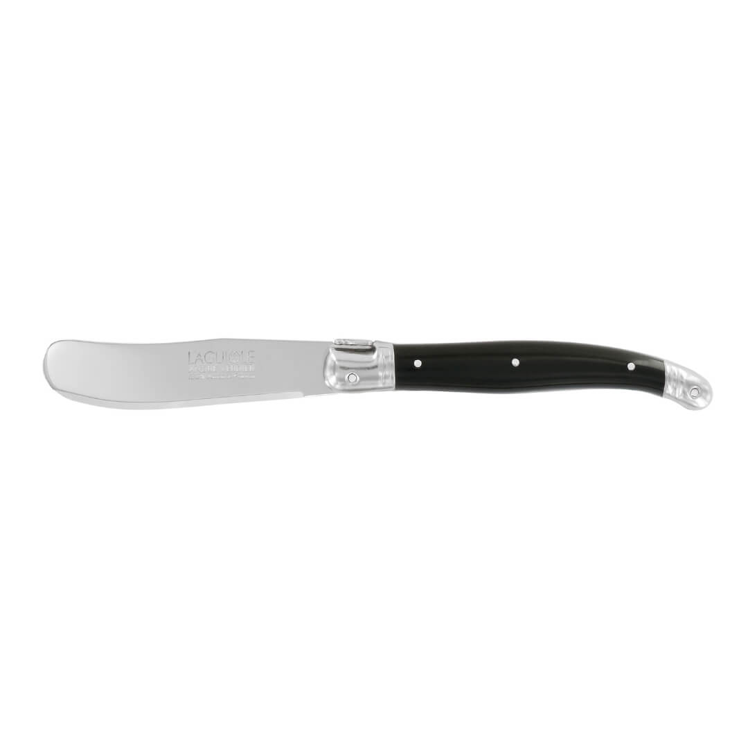 A vintage-style butter knife with a polished silver steel blade and a black handle accented by silver rivets and end caps, shown against a plain white background.