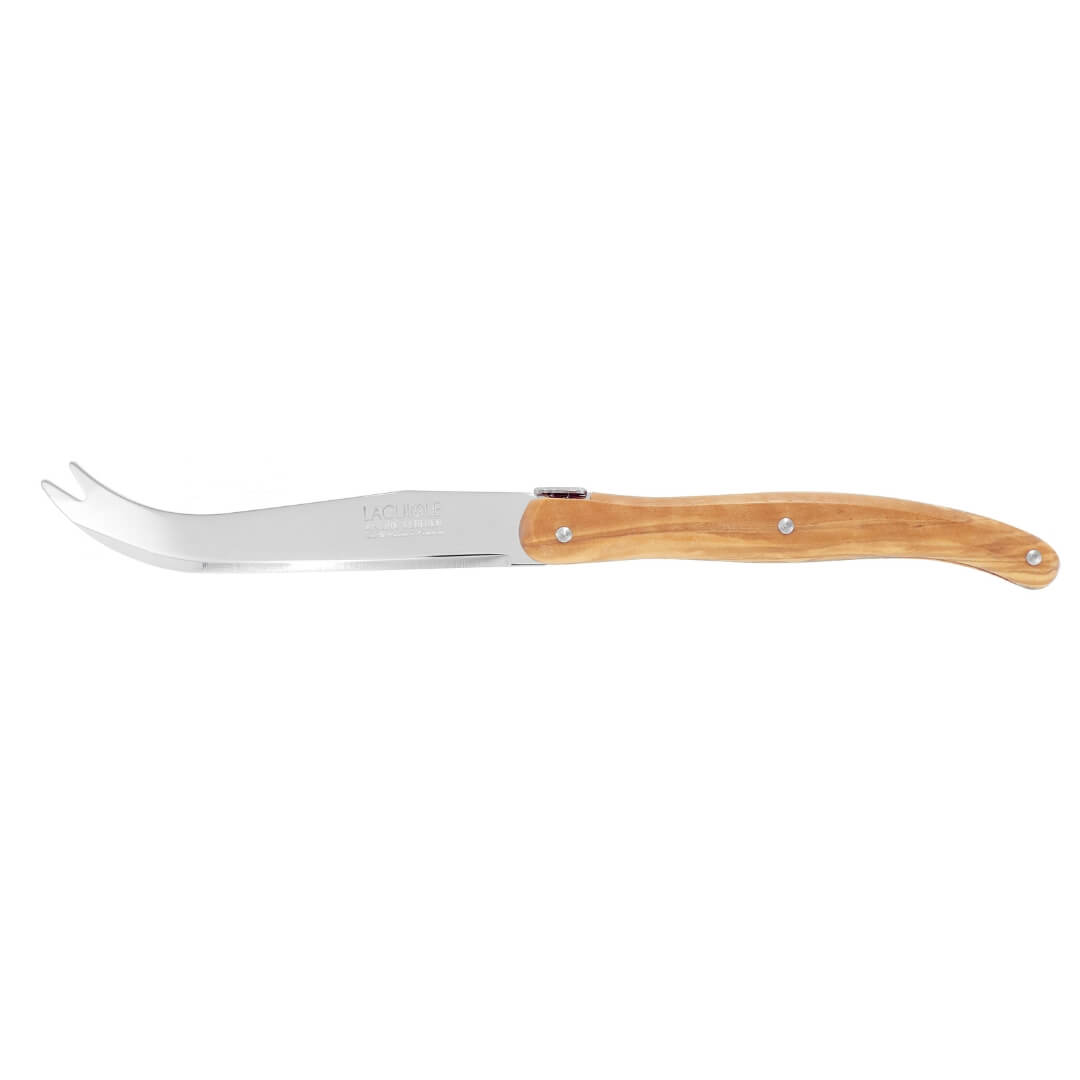 A curved stainless steel cheese knife with a light brown olive wood handle, shown against a plain white background.