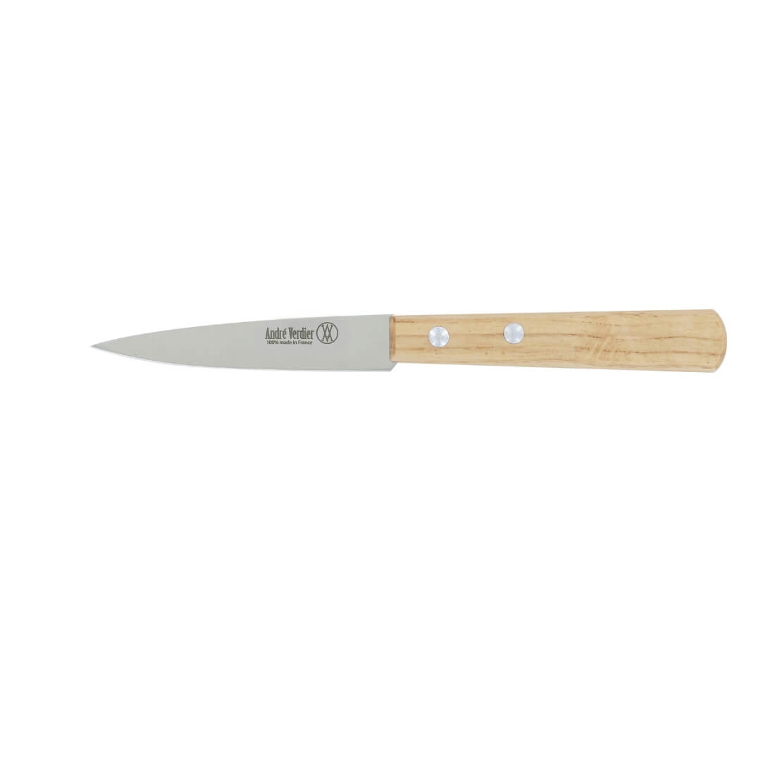 short metal paring knife with an oak handle on a white background