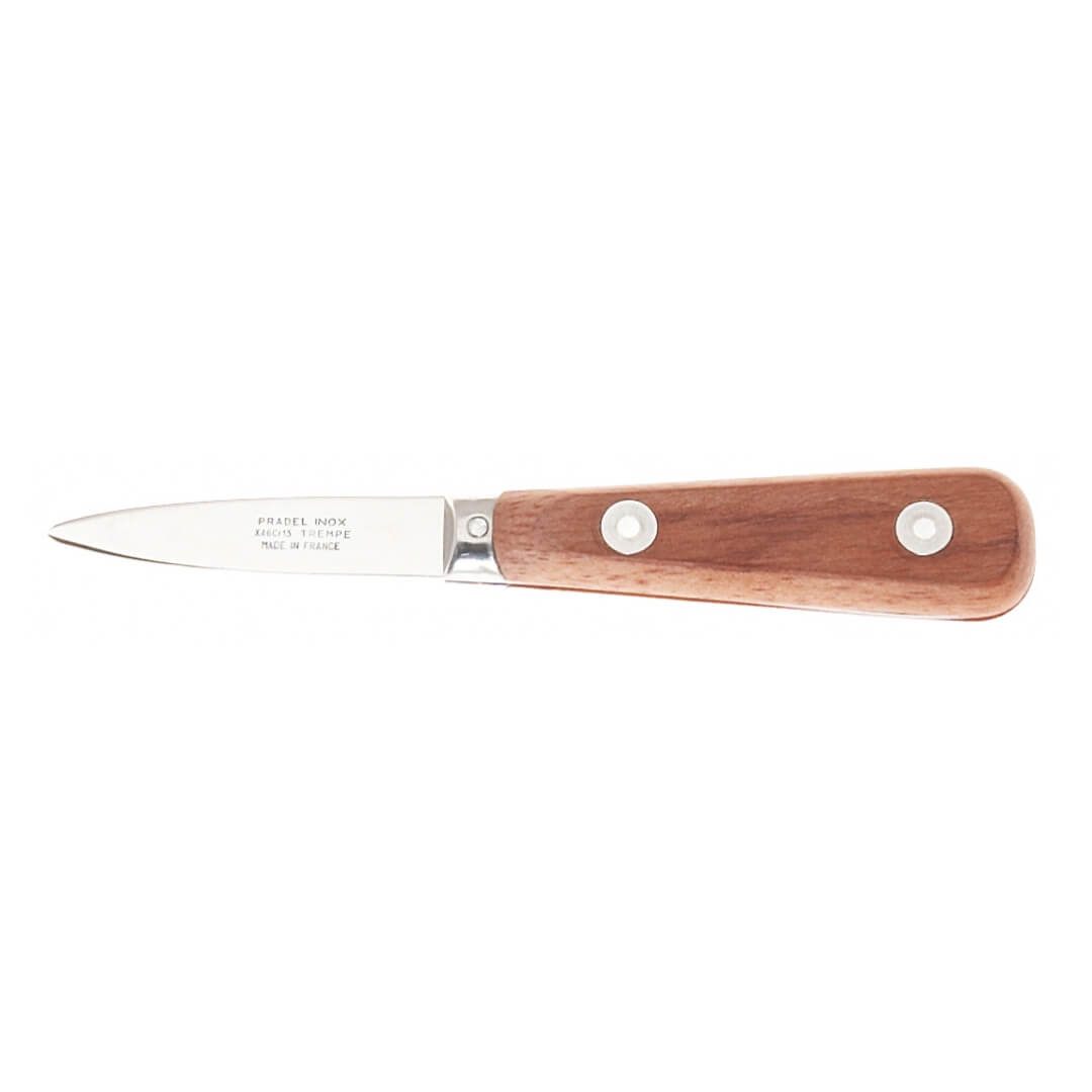 A short blade oyster shucker with a timer handle and two stainless steel rivets, shown on a plain white background.