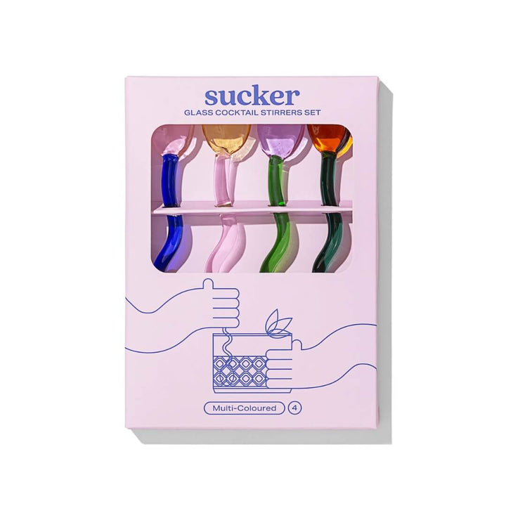 Sucker Multicolour Glass Cocktail Stirrer Set 4-Pack
