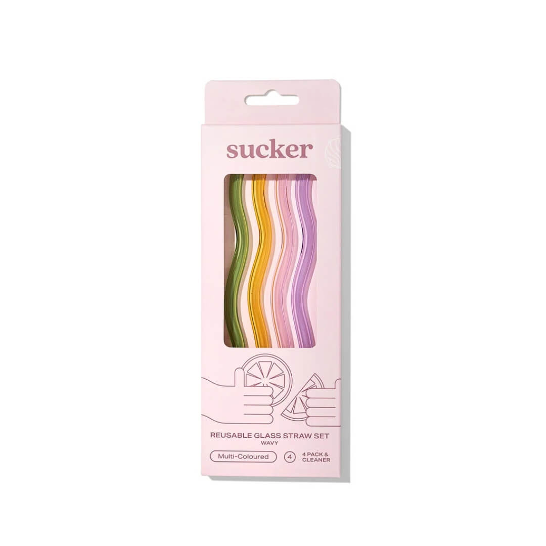 Sucker Wavy Multicolour Glass Straws 4-Pack