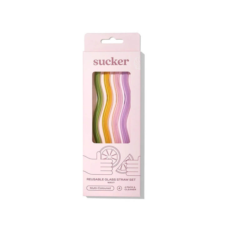 Sucker Wavy Multicolour Glass Straws 4-Pack