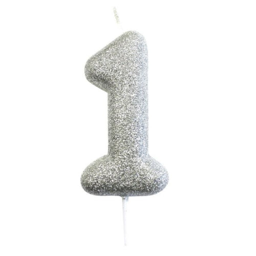 Silver Glitter Moulded Numeral Cake Candle