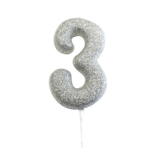 Silver Glitter Moulded Numeral Cake Candle