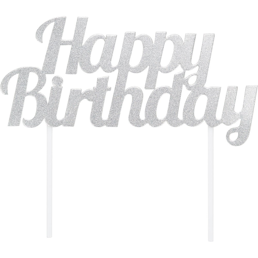 Happy Birthday Silver Glitter Cake Topper