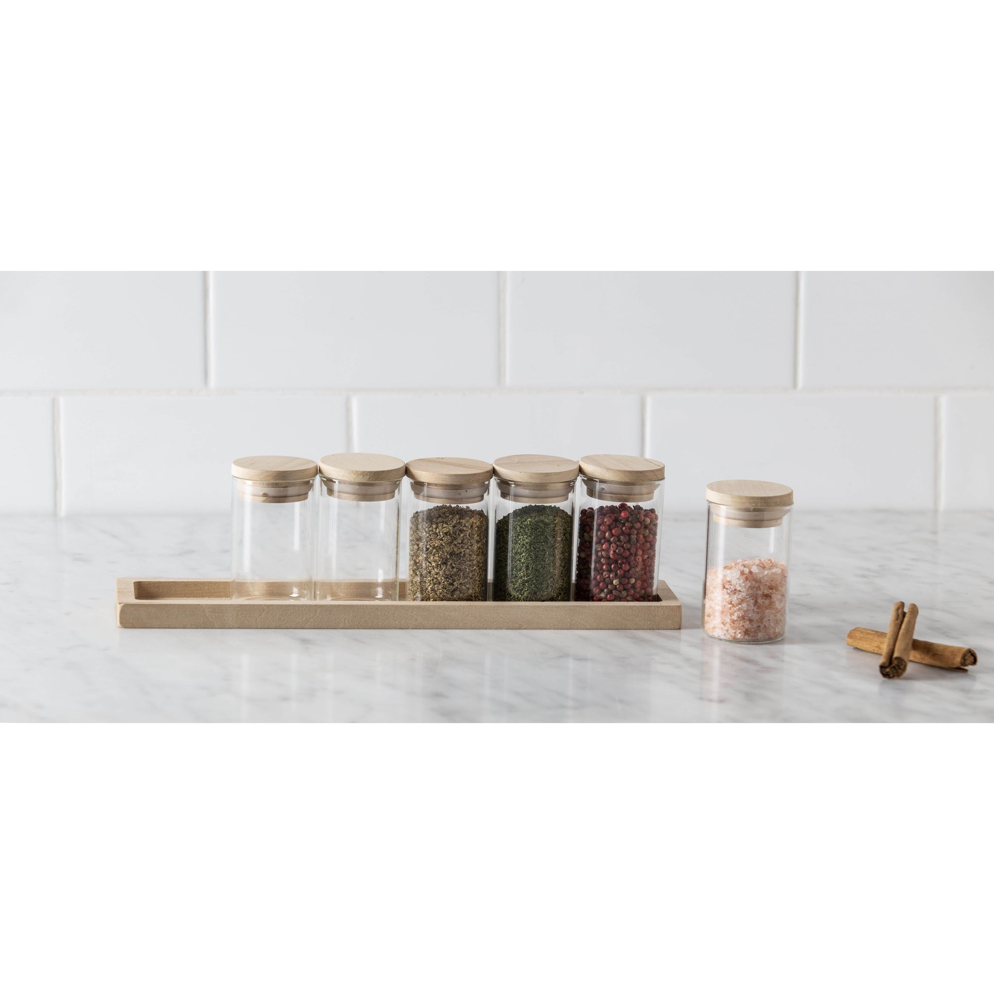 Glass Spice Jars with Wooden Base & lids 7pce